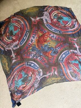 Ed Hardy Sheer Graphic Scarf in Red, Blue, Gold